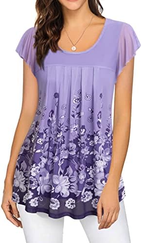 Elegant Furnex Women's Short Sleeve Tunic Top - Floral Pleated Mesh Layered Blouse for Business Casual & Holiday Party, Violet (M)
