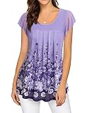 Elegant Furnex Women's Short Sleeve Tunic Top - Floral Pleated Mesh Layered Blouse for Business Casu