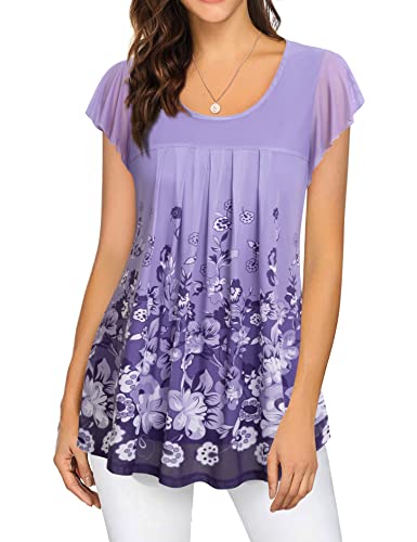 Elegant Furnex Women's Short Sleeve Tunic Top - Floral Pleated Mesh Layered Blouse For Business Casual & Holiday Party, Violet (M) #TOP9