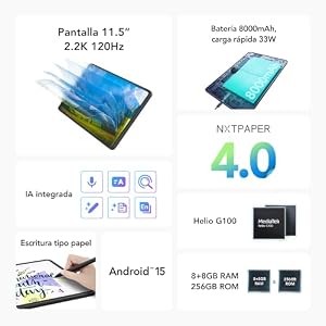 TCL NXTPAPER 11 Plus Tablet Android | Incluye Funda Flip + T-Pen | Pantalla 11,5″ 2,2K 120Hz NXTPAPER 4.0 | Protección Ocular | 8 GB + 256 GB | Batería 8000 mAh | DTS Audio x4