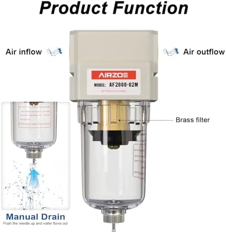 AIRZOE 1/4" NPT Compressed Air Filter AF2000-02M, Manual Drain,0-150psi — 사진 4