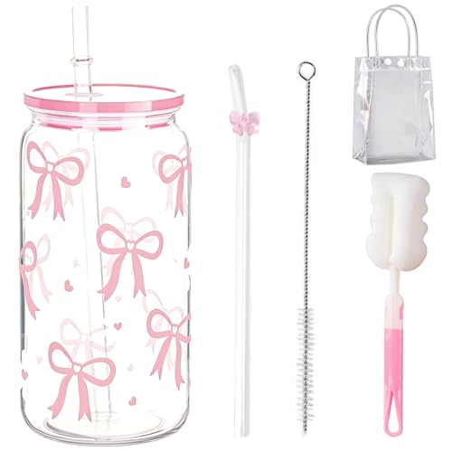 Houbobo Glass Tumblers with Lids and Straws, 500ML Adorable Glass Iced Coffee Cups, Reusable Pink Bow Drinkware Set for Coffee, Juice, Tea, Water, Gifts for Girls and Women (1)
