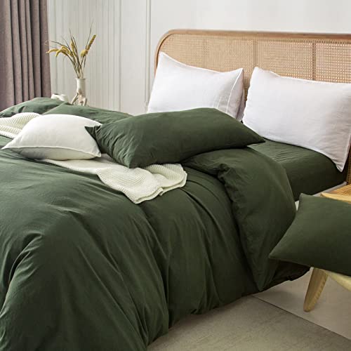 Zovan King Duvet Cover Set - 100% Washed Cotton Super Soft Linen Feel Textured Durable 3 Pieces Home Bedding Set With Zipper Closure, Olive Green 104X90 Inches #TOP3
