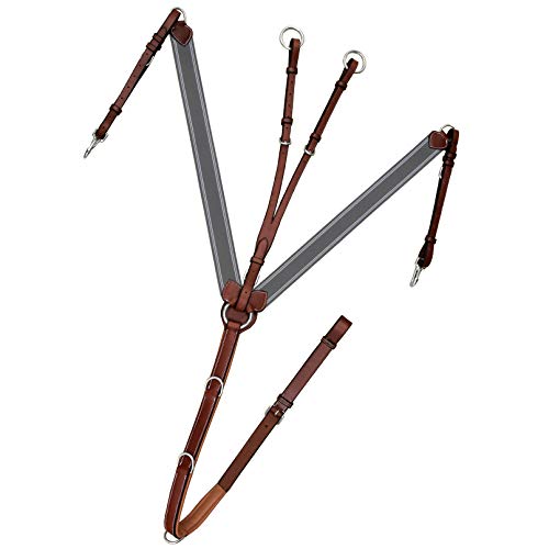 Exion Horse Elastic Breastplate with Running Attachment– Soft Padded, Adjustable English Leather Breastplate for Horses- Grey Elastic with White Lines