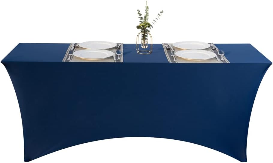 Restaurantware Table Tek 72 x 30 Inch Rectangle Table Cover 1 Washable Spandex Tablecloth - Wrinkle-Free Durable Blue Polyester Fitted Tablecloth for Parties Banquets or Weddings
