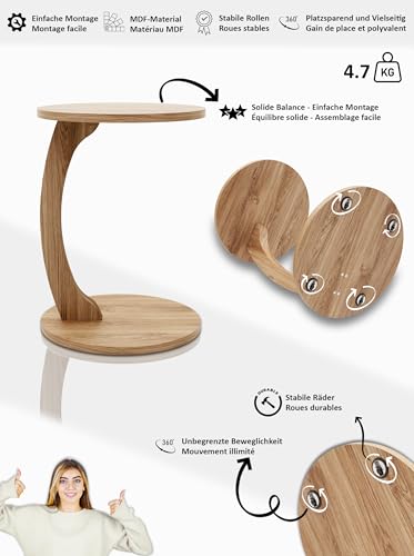 Table d'appoint ronde C001 noyer à roulettes – Tubibu