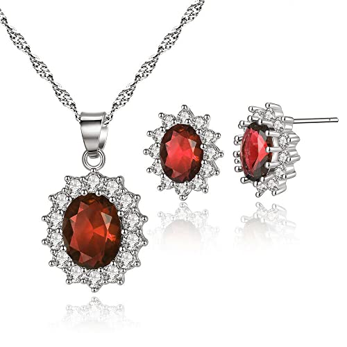Image of AVA Women S925 Sterling Silver Cubic Zirconia Jewellery Set Oval Necklace with Earrings and Chain 45cm Red Sapphire