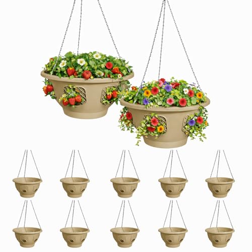 smart spring Ultimate Hanging Baskets - Strawberry, Tomato, Flower, and Herb Outdoor Planters - Use Garden Pots for Growing Plants Outside On A Deck, Fence, or Balcony (10, Desert Sand)