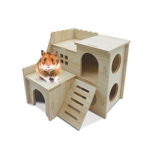 Eyksta Casa de Hámster de Madera, 2 Pisos con Escaleras, Juguetes Hamster Accesorios Casa para Roedores, 22 * 22 * 22 cm