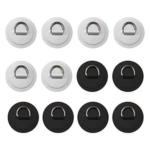 HSOKEW 12Pcs D Rings for PVC Inflatable Boat, Stainless Steel D-Ring Circular Patch Round Pad D Ring PVC Patch Canoe Raft Dinghy Kayak Surfboard Paddle Deck Accessories, White/Black, NO Glue