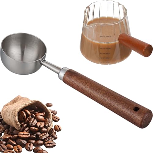 DIYJEP Cuchara de Café de Acero Inoxidable de 30ml con Taza de Espresso de Vidrio de 180ml, Cuchara Medidora de Granos de Café Retro con Mango de Madera, Accesorio de Café para Té con Leche