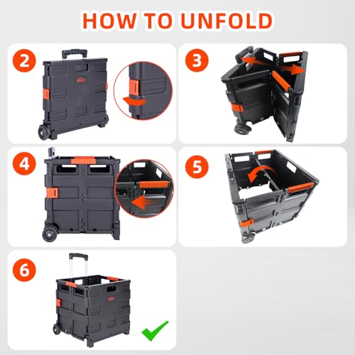 JJRING Folding Rolling Crate, Portable Utility Cart, Collapsible Handcart Shopping Trolley, Rolling Crate with Wheels for Teacher, Grocery, Office and Luggage