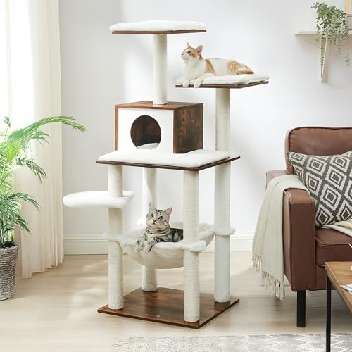 Feandrea Cat Tree, 56.3-Inch Modern Cat Tower, Multi-Level Plush Condo with Scratching Posts, Hammock, Washable Cushion, Rustic Brown UPCT164X01