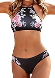 EKOUAER Damen Bustier Bikini High Neck Bikini-Set Druck Push up Badenanzug Blumendruck Neckholder Swimsuit Zweiteilig Schwimmanzug, Schwarz Blumen, EU 36(Herstellergröße: S)