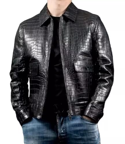 Real Leather Alligator Crocodile Print Embossed Skin Men's Luxury Black Bomber Jacket