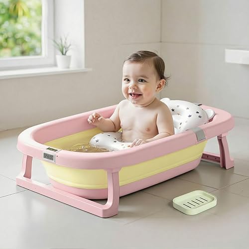 Image of Cockatoo-Kids DripDrop Foldable Baby Bath Tub with Thermistor, Pillow & Soap Box - Portable Newborn to 6 Years Tub, Non-Toxic PP, Anti-Slip Base, 40kg Capacity - Travel & Home Use, Pink & Yellow