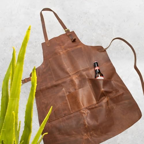 Premium Quality Leather Apron for Men & Women - Butcher BBQ Apron with Pockets, Adjustable Straps