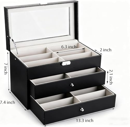 WUWEOT 18 Slots Sunglasses Organizer Collector Eyeglasses Sunglass Glasses Storage Box Eyeglasses Eyewear Display Case with Drawer, Lockable, Black