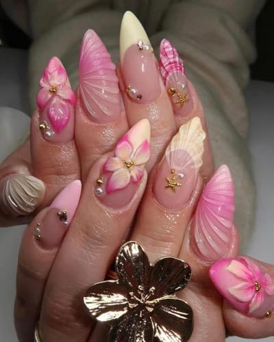 Pink Paradise Beach Press On Nails, 3D Floral Seashell Nail
