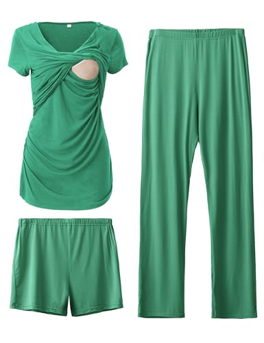 Image of SUNNYBUY Women's Maternity Postpartum Pajamas Set, Breastfeeding Tops，Adjustable Pregnancy Shorts & Pants 3 Piece Nursing PJS