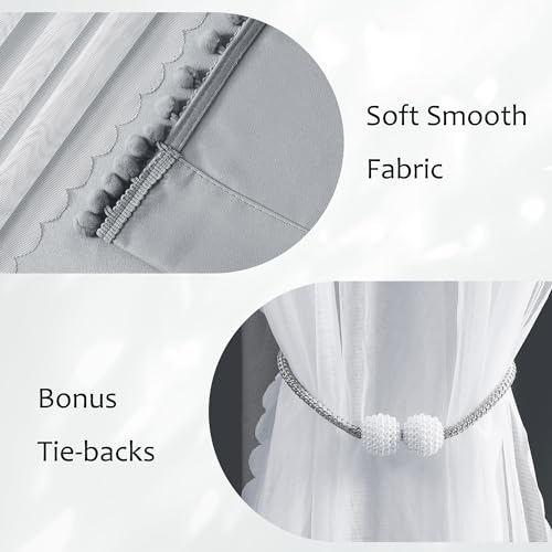 Image of Treatmentex Pom-Pom Blackout Curtains with Sheer Overlay for Living Room Bedroom Kid's Nursery Room, Grey Mix and Match Double Layer Room Darkening Window Curtain Panels with Tie Backs, 2 pcs, 52x84