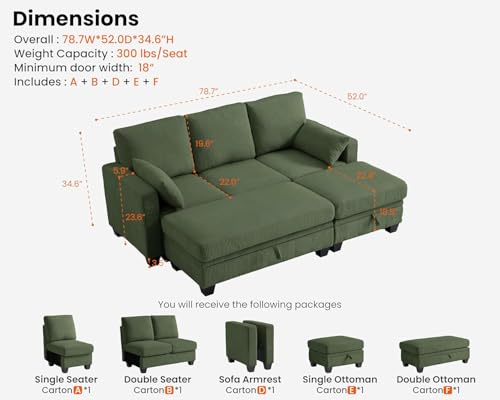 Image of CHIC HOUSE Modular Daybed Sectional, Extra Deep Movie Pit Couch with Storage Ottomans, Corduroy Sleeper Sofa Alternative for Small Spaces, (Green, 6 Seater Sleeper)