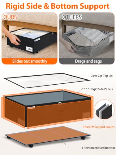 Image of punemi 10 inch Tall 75L Under Bed Storage Bins with Wheels, Rolling Storage Bin | Clear Lids,360 Wheels,for Clothes, Shoes, Blankets & Bedding, Closet, Shelf & Dorm Organization,2-Pack, Black