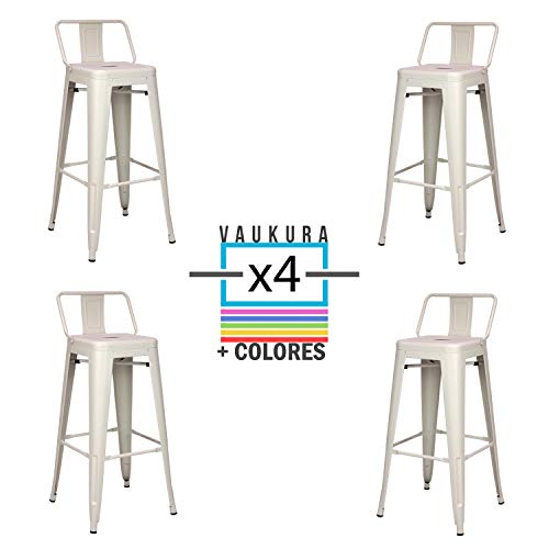 Vaukura - Taburete Alto Tolix con Respaldo bajo (Pack 4) - Taburete Industrial Alto (Beige)