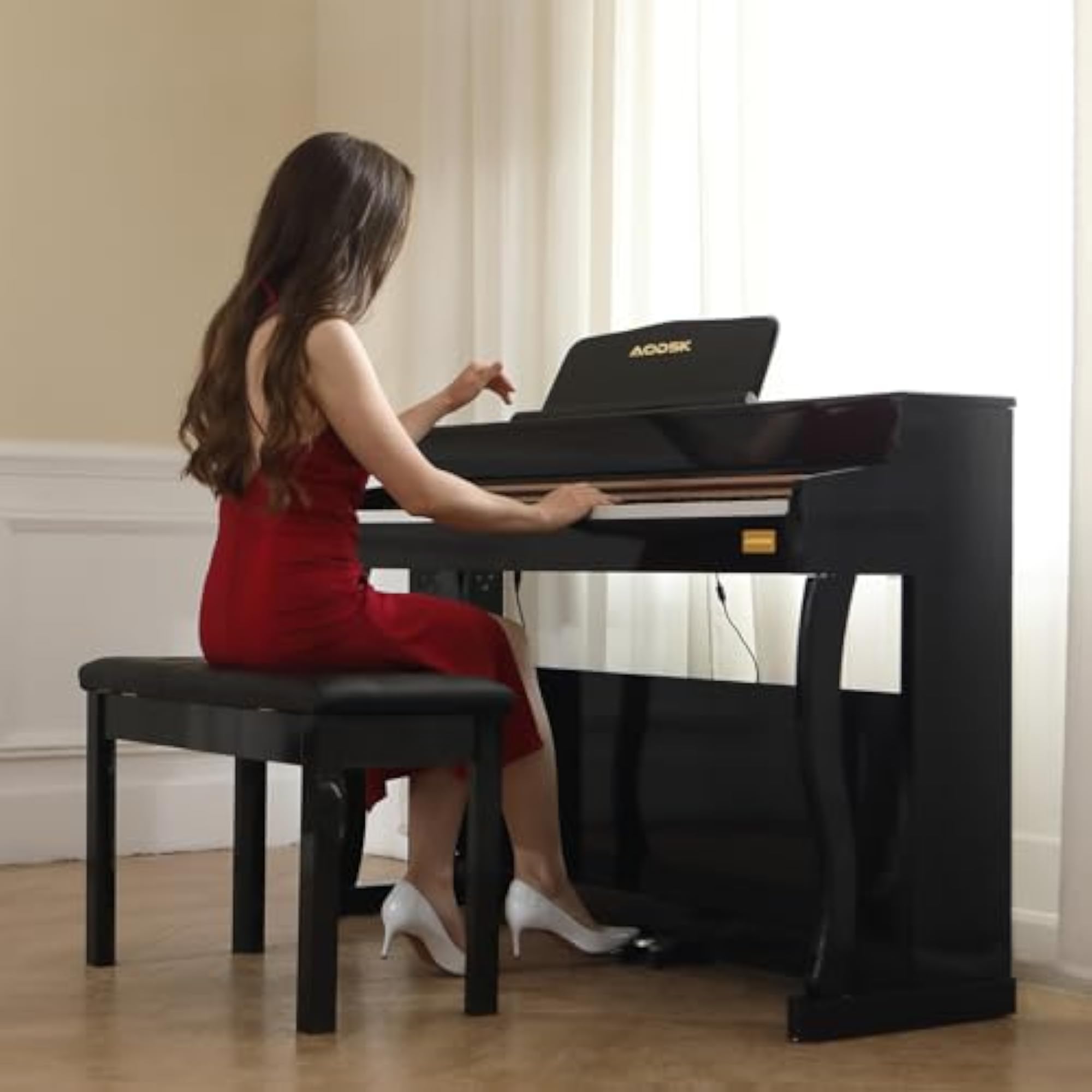 Wooden Duet Piano Bench with Padded Cushion