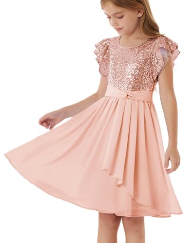 GRACE KARIN Girls Sequin Party Dress Birthday Prom Formal Fancy Midi Dress, Rose Gold, 8Y