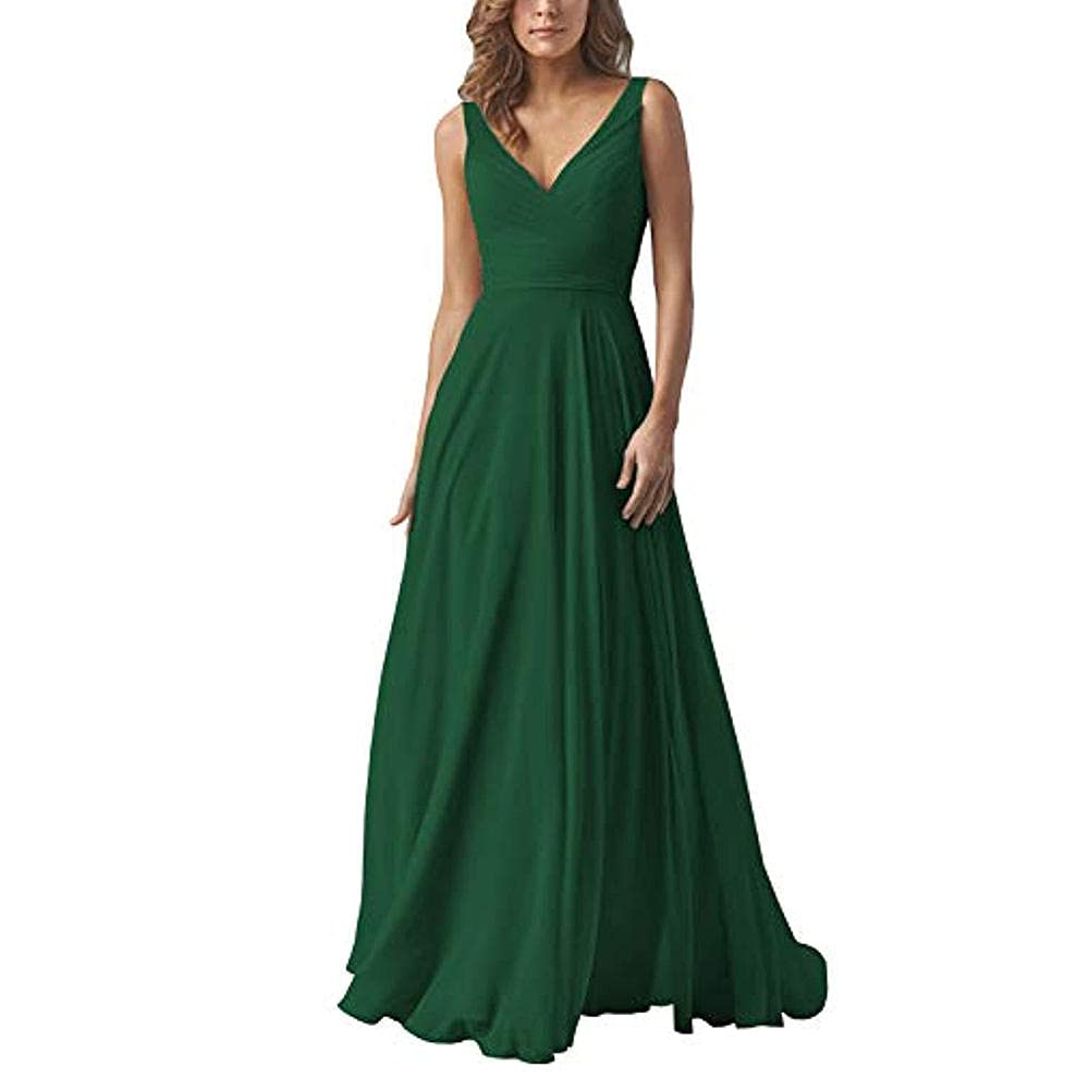Abendkleider Damen Ballkleid,Kleid aus Chiffon mit doppelter Schulter und V-Ausschnitt, A-Linien-Partykleid-Jade Green_40,Damen Abendkleid Lang Hochzeitskleid