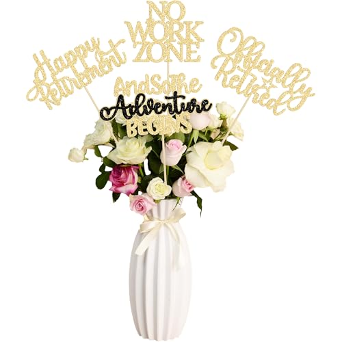 Gyufise 12Pcs Happy Retirement Centerpiece Sticks Officially Retired Table Flower Centerpieces Sticks No Work Zone Floral Decorations for Farewell Birthday Party Centerpieces Supplies Gold
