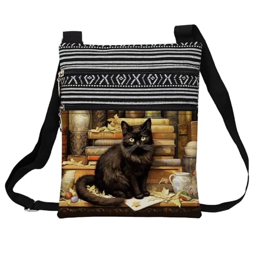 LiuenMgg Book Black Cat Messenger Bag Small Ethnic Pattern Adjustable