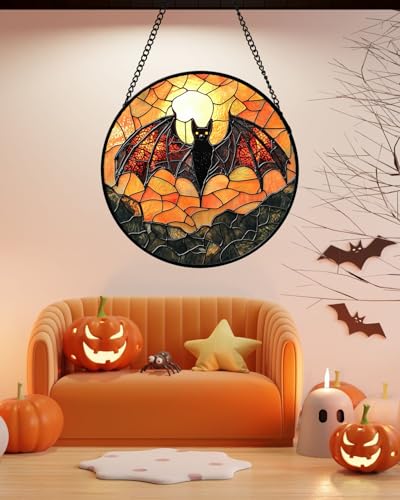 Image of Stained Glass Window Hanging, Black Bat Sun Catcher for Door Home Decor Animal Suncatcher Christmas Mother's Day Birthday Gifts for Women Men Mom and Nana 7.8 in