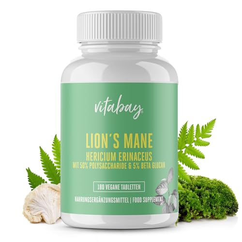 Vitabay Lions Mane Kapseln - 500mg Hericium Erinaceus - 180 Vegane Löwenmähne Pilz Tabletten (30:1 Extrakt) - liefert 50% Polysaccharide & 5% Beta-Glucan - Lions Mane Mushroom - Laborgeprüft