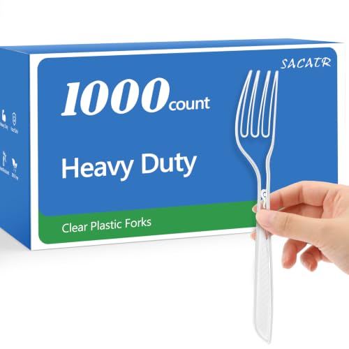 SACATR 1000 Count Heavy Duty Clear Plastic Forks BPA-Free Heat Resistant Disposable Plastic Forks Bulk Solid Durable Premium Cutlery for Parties Events and Everyday Use
