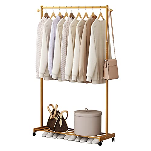Naayaab Craft Coat Stand Rack Bamboo Coat Garment Rack Clothes Hanging Rail Stand with 2 Side Hook with Rolling Wheels for Jacket, Clothes, Hats & Handbags-Natural Color-Size (70x38x145 CM)