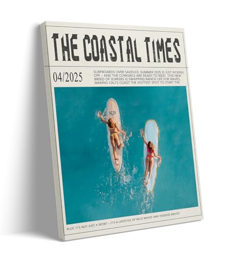 Summer surf print wall art vintage The Coastal Times beach surf Canvas posters fashionable girl summer surfing lover coastal city living room bedroom wall decor 12x16in Frame wall art