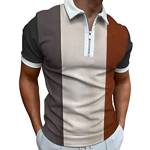 Image of Mens Vertical Striped Polo Shirts Short Sleeve Quarter Zip Colour Block T-Shirts Smart Casual Tops Grey L