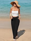 HAPYWER Leinenhose Damen Weites Bein Sommerhose Leichte Freizeithose Lang Stoffhose High Waist mit Gummizug Palazzo Strandhose mit Taschen(Schwarz,L)