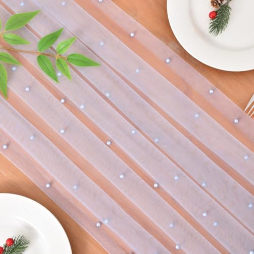 Joanlody Pearl Table Runner Easter 10ft Rustic Boho Tulle Spring Summer Runner with Pearls for Baby Shower Wedding Party Veil Dessert Table Decor Blue 4pcs by Joanlody - Image 4