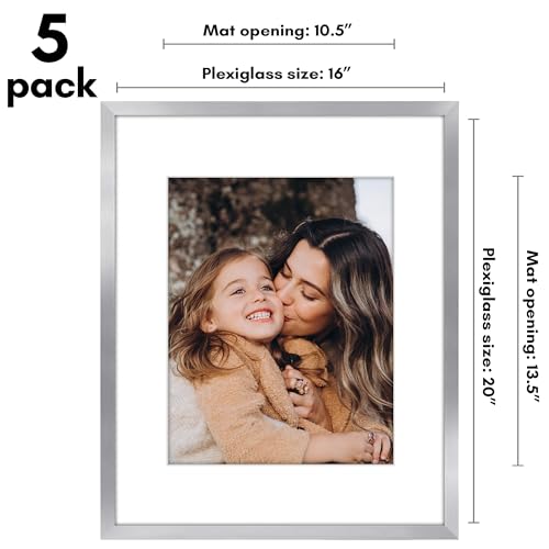 Americanflat 16x20 Picture Frame with Polished Plexiglass - Set of 5 - Use as 11x14 Frame with Mat or Display 16x20 Photo Without Mat - Galleria Collection - Picture Frames for Wall Display - Silver by Americanflat - Image 2