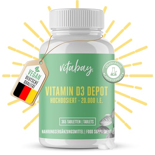 Vitabay Vitamin D3 Depot 20.000 I.E. - 365 Vegane Tabletten Hochdosiert & Vegan - ohne unerwünschte Zusätze - Trägt zur Unterstützung des Immunsystems und zur Erhaltung normaler Knochen bei