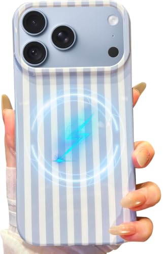Jmltech Magnetic for iPhone 18 Pro Case Striped Phone Cases Trendy Aesthetic Women Girly Shockproof Slim Drop Protection Cover Light Blue