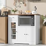 GarveeHome Kitchen Microwave Cabinet with Storage and Drawers, Modern Small Buffet Cabinet with Glass Doors and Adjustable Shelf, Wooden Sideboard with Wide Top for Dining Room, Living Room, White