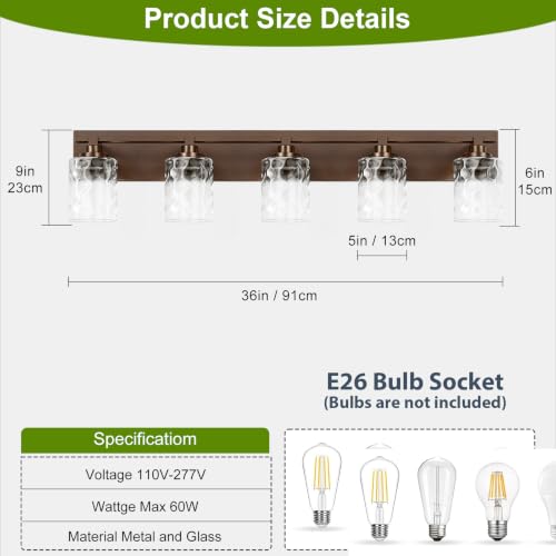 Image of Bathroom Light Fixtures,5-Light Oil Rubbed Bronze Vanity Lights Over Mirror | Modern Wall Light,Clear Ripple Glass Shade,Sturdy Metal Frame,For Bathroom Remodel,Easy Install,E26 Socket,ETL-Listed 36-inch