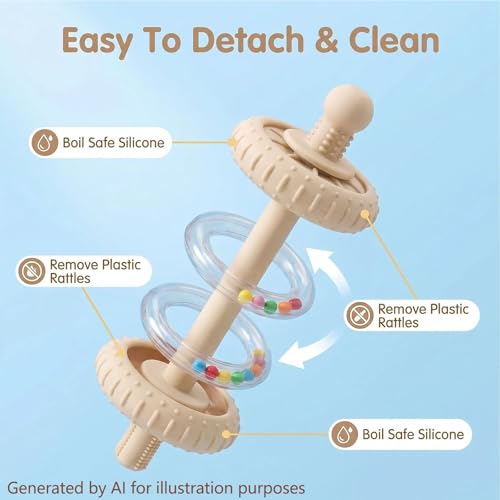 Image of Baby Teething Toys Baby Rattle Teething Straw 3-in-1 Barbell-Shaped, Made from Silicone, Built-in Toothbrush Head and Nipple Shape, Bpa-Free, Phthalate Free, Professionally Certified