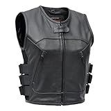 Daniel Smart Women Leather Vest – Cowhide Biker Leather Vest with Scoop Collar Neck Design and Multiple Carry Pocket