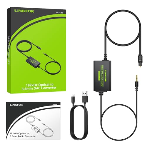 LiNKFOR 192kHz DAC Converter SPDIF to 3.5mm AUX Digital to Analog Audio Converter Optical Toslink to 3.5mm Audio Adapter with Optical Cable for HDTV Blu Ray DVD Amps