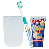 wellsakids Zahnpflegeset 3-teilig für Kinder Set mit weiß-transparentem Becher, Putzi Zahnpasta und Kinderzahnbürste, Zahnputzset von wellsamed